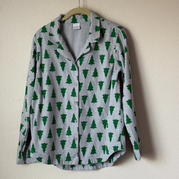 Hanna Anderson Women Pajama Top Flannel Size S Tannenbaum Tree Button Up Gray - Picture 1 of 11